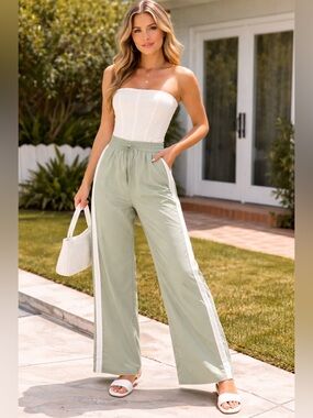 Madden Girl Strapless Corset Jumpsuit – Sage Green & Ivory Wide Leg – Size Small